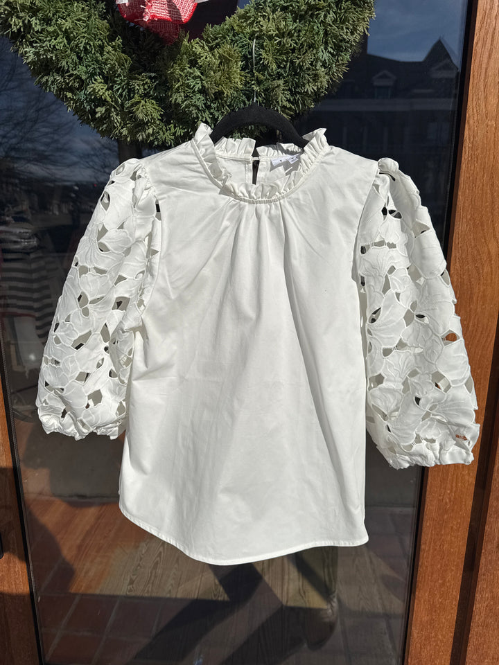 THML Poplin Floral Eyelet Sleeve Top