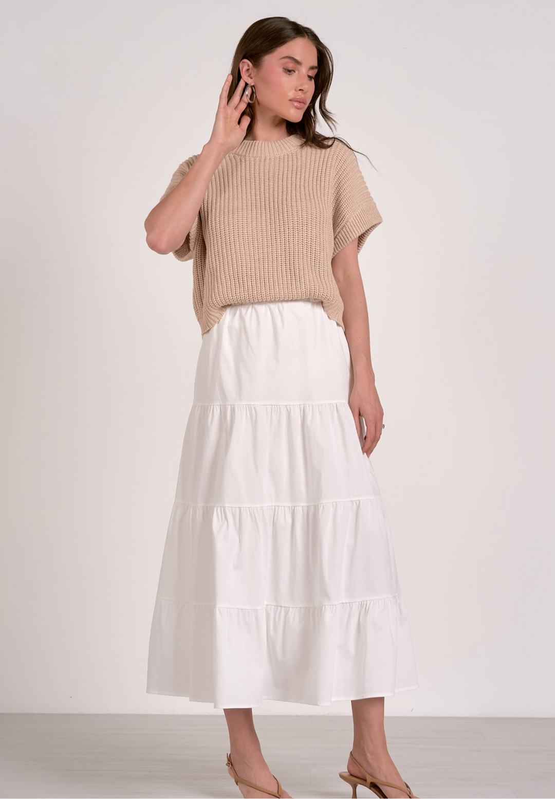 Elan Sweater Top Maxi Dress- Beige/White Combo