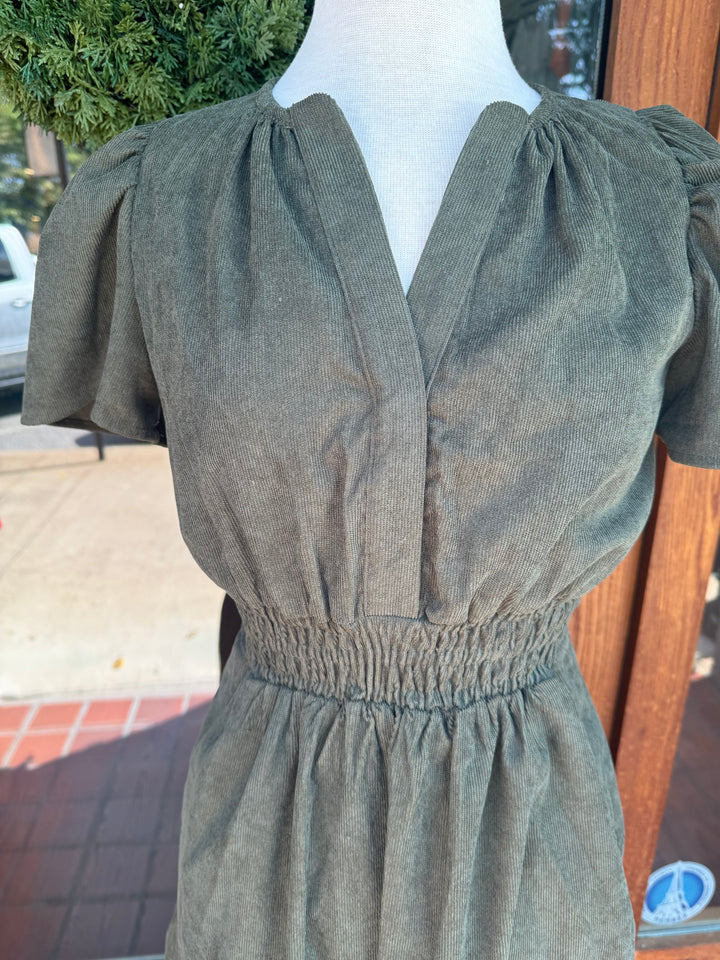 THML Olive Corduroy Cinched Midi Dress