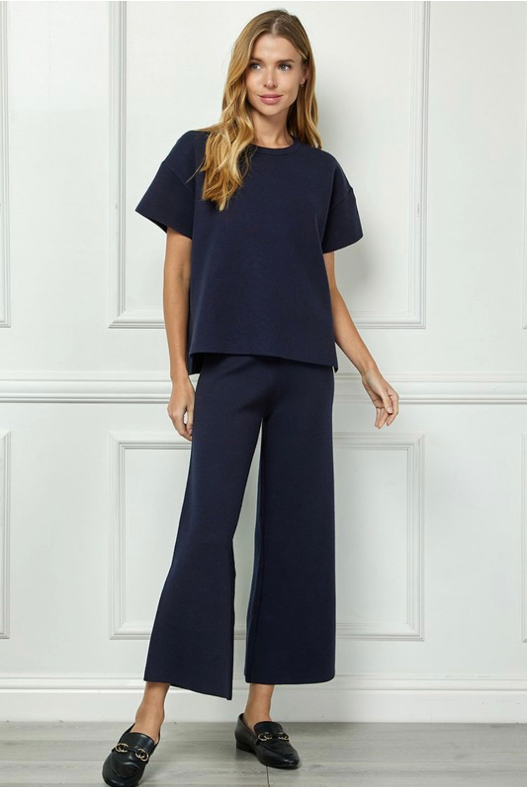 Short Sleeve Sweater Top Set w/ Cropped Wide Leg Pants