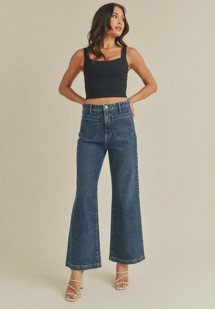 Patch Pocket Wide Leg Jean - Dark Denim