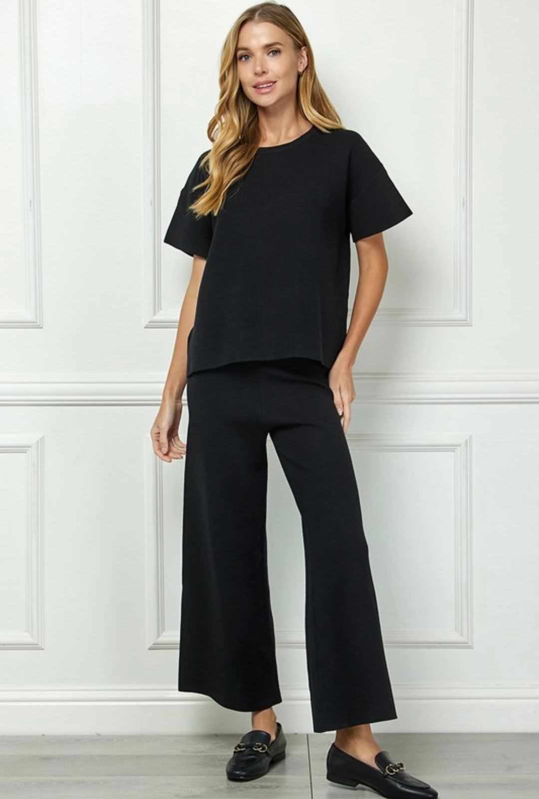 Short Sleeve Sweater Top Set w/ Cropped Wide Leg Pants