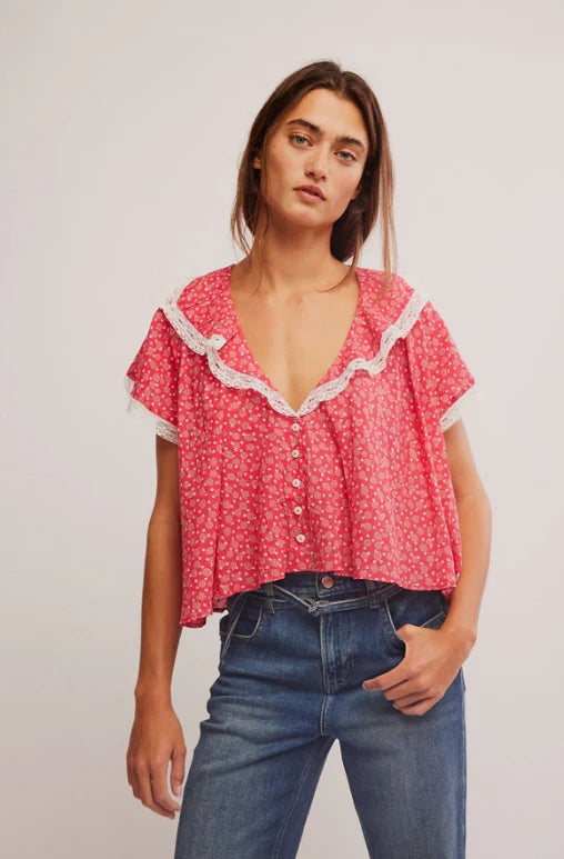 Free People Truly Yours Printed Blouse - Vintage Red Combo