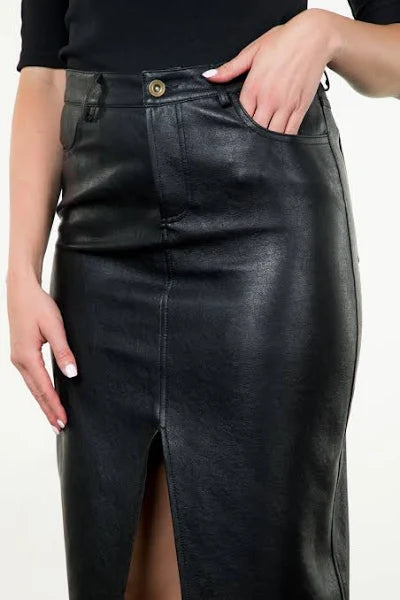 THML Leather Midi Skirt- Black